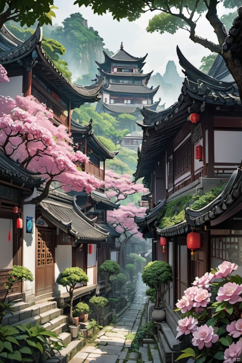 The scenery of the Jiangnan region, with narrow lanes after the rain, ancient town buildings on both sides, tree branches adorned with delicate pink flowers, and beautiful green leaves. The backdrop is the misty ancient town architecture of southern China. The image was created using ultra-high-definition virtual engine, to create a dreamy atmosphere, (masterpiece, best quality, perfect composition, very aesthetic, absurdres, ultra-detailed, intricate details, Professional, official art, Representative work:1.3)
