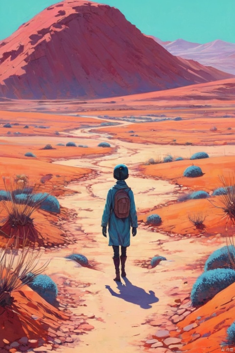 Lone figure wandering through a barren wasteland, Pop surrealism, vibrant colors, whimsical imagery, cartoonish characters, subconscious exploration, playful absurdity, (masterpiece, best quality, perfect composition, very aesthetic, absurdres, ultra-detailed, intricate details, Professional, official art, Representative work:1.3)