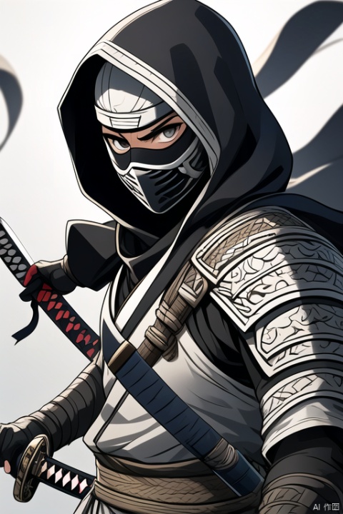 ninja, 1boy, solo, looking at viewer, gloves, male focus, black gloves, sword, hood, armor, mask, katana, shoulder armor, mouth mask, japanese armor