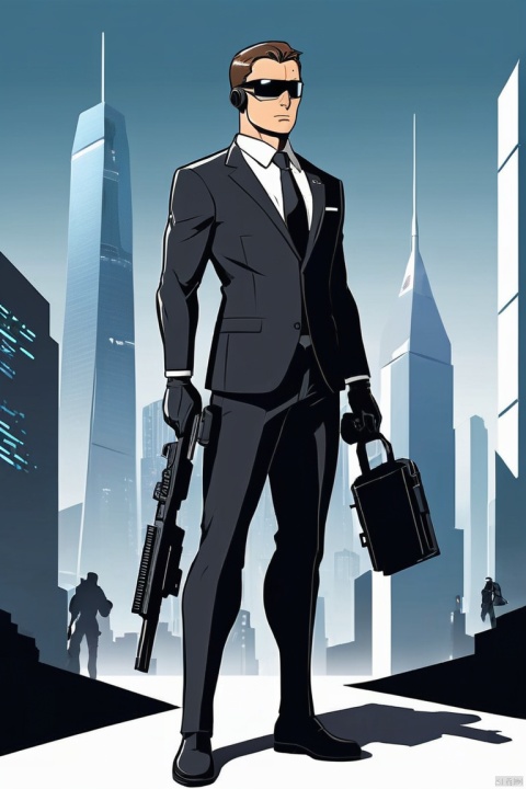 cute cartoon, Vector illustration, A Special Agent wearing a stylish black suit, A futuristic agent equipped with exquisite weapons and equipment,The agent stood firm,Be prepared,Showcasing a variety of high-tech equipment that is seamlessly integrated into the garments。The background should suggest a future urban landscape,Advanced technology and architecture visible。Agent&#39;s equipment includes innovative and advanced gadgets and weapons,Highlighting the advanced nature of the world they live in。The overall image should convey a sense of mystery、A sense of sophistication and cutting-edge technology, (best quality, masterpiece, Representative work, official art, Professional, Ultra intricate detailed, 8k:1.3)