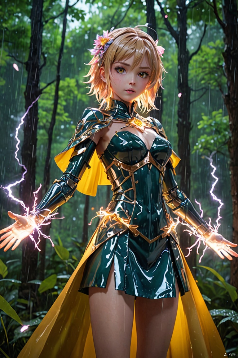 anime, Mechanical Puppet, lightning robe, magic, translucent, light particles, bloom effect, rain, forest, (best quality, masterpiece, Representative work, official art, Professional, Ultra intricate detailed, 8k:1.3)