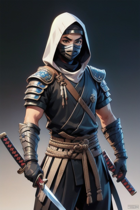 ninja, 1boy, solo, looking at viewer, gloves, male focus, black gloves, sword, hood, armor, mask, katana, shoulder armor, mouth mask, japanese armor