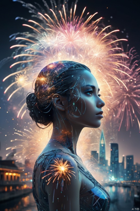 2024 new year poster,Transparent avatar,New Year Eve Fireworks 2024, (multiple exposure:1.3), 2024 New Year Eve Vision Poster,Intricate poster for the year 2024 in surreal art style,2024 surreal dream new year poster,2024 surreal sci-fi new year dream poster, enhance, intricate, (best quality, masterpiece, Representative work, official art, Professional, unity 8k wallpaper:1.3)