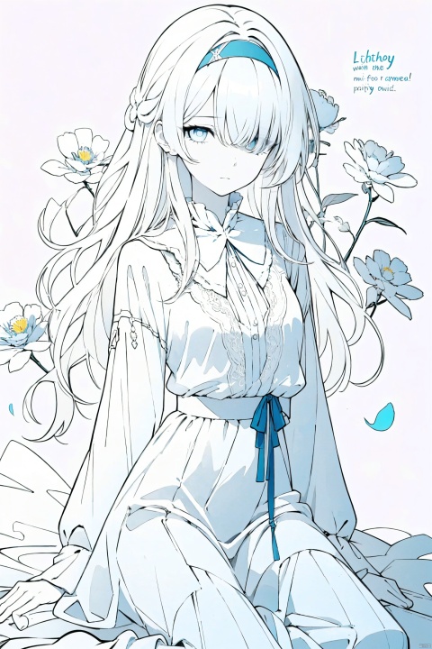  1girl, blue eyes, white long translucent night gown, expressionless, (white hair), hair cover one eye, long hair, blue hair flower, kneeling on lake, blood, (plenty of blue petals:1.35), (white background:1.5), (English text), greyscale, monochrome,greyscale,monochrome,sketch, liuying