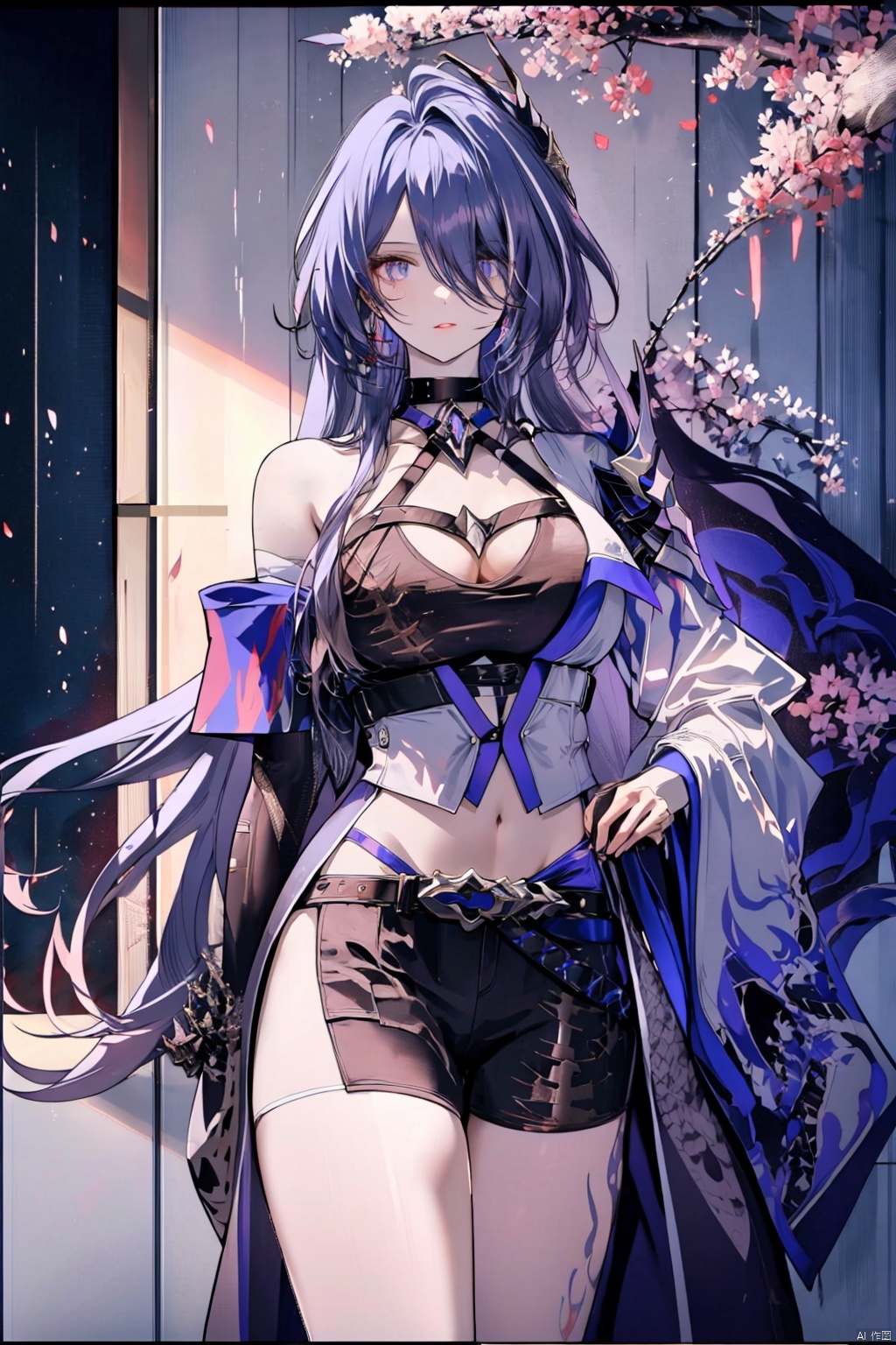  1girl, purple hair, dark purple hair, purple clip on hair, wearing Japanese clothes, Japanese clothes, purple and white Japanese clothes, holding a sword, holding a purple shiny sword, glowing purple sword, Japanese type sword, background charry blossom trees, beautiful pinkish charry blossom trees, dark purple sky, look at the view, lora:more_details:0.5, vibrant colors, masterpiece, sharp focus, best quality, depth of field, cinematic lighting, lora:more_details:0.5,wearing an apron, lora:more_details:0.5, naked and wearing an apron, Ymir Fritz