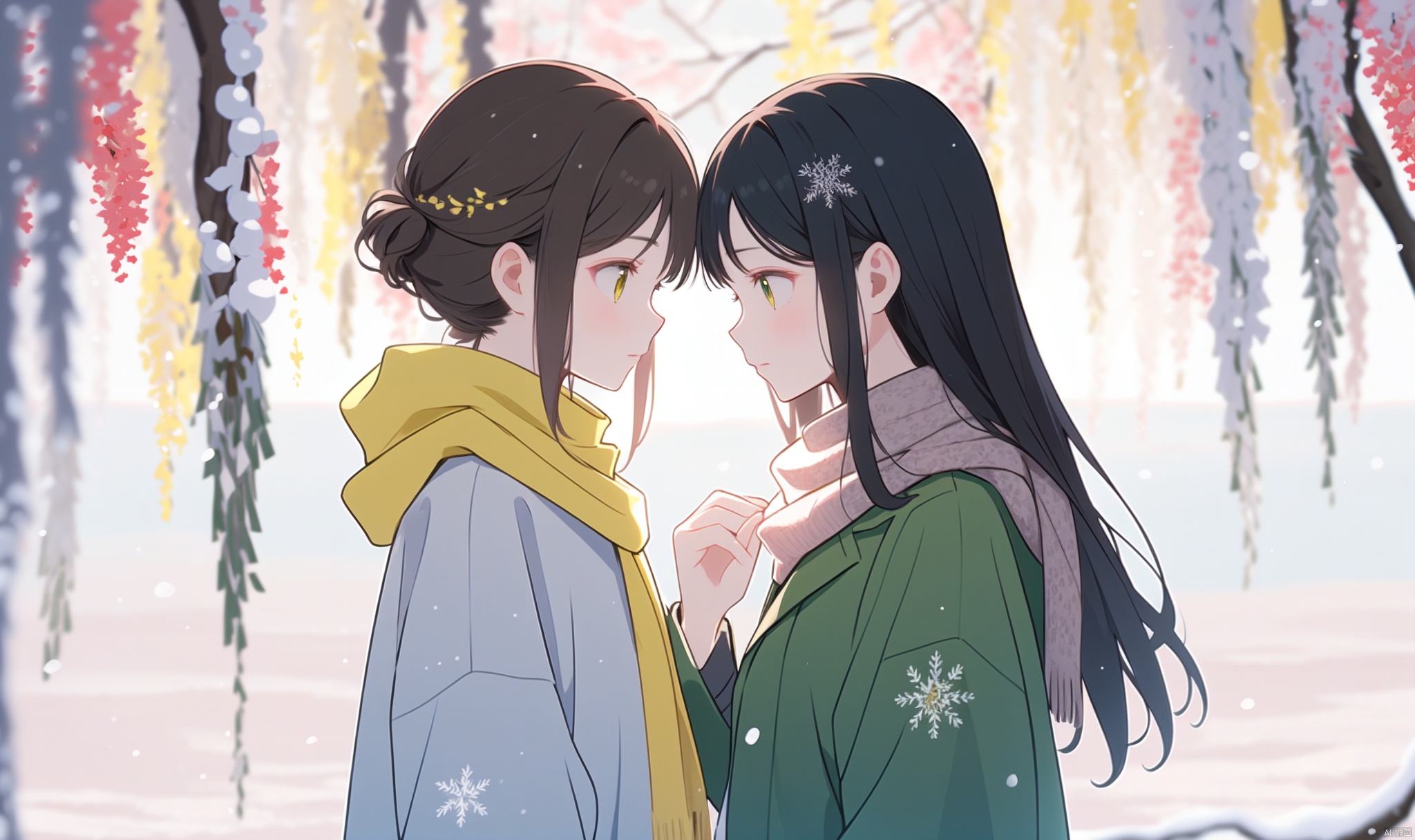 1girl, long hair, bangs, brown hair, black hair, long sleeves, 1boy, closed mouth, upper body, hetero, hand up, scarf, looking at another, coat, profile, leaf, expressionless, wind, light particles, eye contact, height difference, branch, white scarf, autumn leaves, yellow theme, clothes grab, A couple look at each other affectionately, Aesthetic, The seasons change, Winter, Autumn, Spring, Summer, Snow theme, Purple theme, Green theme, It snows, Willow tree, Peach blossom, from side, yinwen,no humans