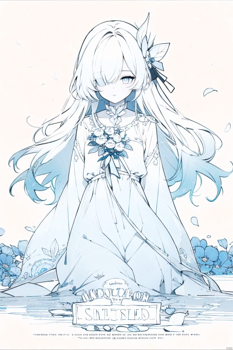  1girl, blue eyes, white long translucent night gown, expressionless, (white hair), hair cover one eye, long hair, blue hair flower, kneeling on lake, blood, (plenty of blue petals:1.35), (white background:1.5), (English text), greyscale, monochrome,greyscale,monochrome,sketch, liuying