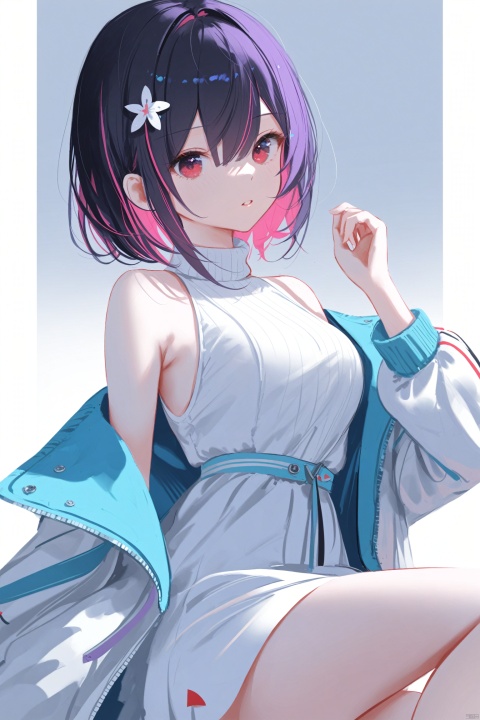  masterpiece,best quality,high quality,(colorful),[Artist miwano rag],[Artist chen bin],[Artist wlop:1],Artist myowa, 1girl, solo, hair ornament, jacket, hand up, off shoulder, white jacket, long sleeves, sleeveless, dress, open clothes, multicolored hair, hair between eyes, looking at viewer, white dress, bare shoulders, parted lips, open jacket, black hair, short hair, sleeveless dress, pink hair, colored inner hair, simple background, gradient background, eyes visible through hair, shirt, purple hair, two-tone hair, breasts, purple eyes, red eyes, turtleneck