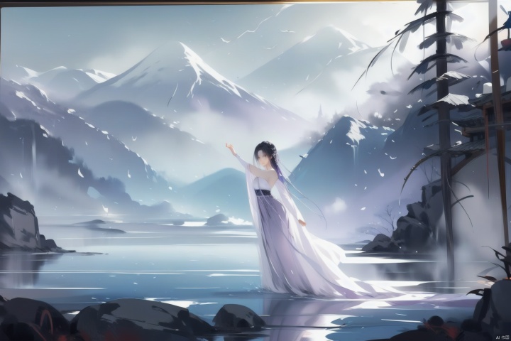  In one ink painting, a woman dressed in lilac stands in front of a foggy landscape. Her figure seems to be part of the painting, integrated with the surrounding mountains and water. Her eyes are deep, as if in contemplation of the mood. Her outstretched hands, moving her graceful body, her fingers gently touching the hem of her skirt, reveal a gentle sensuality in her movements. Traditional Chinese ink painting;, woman