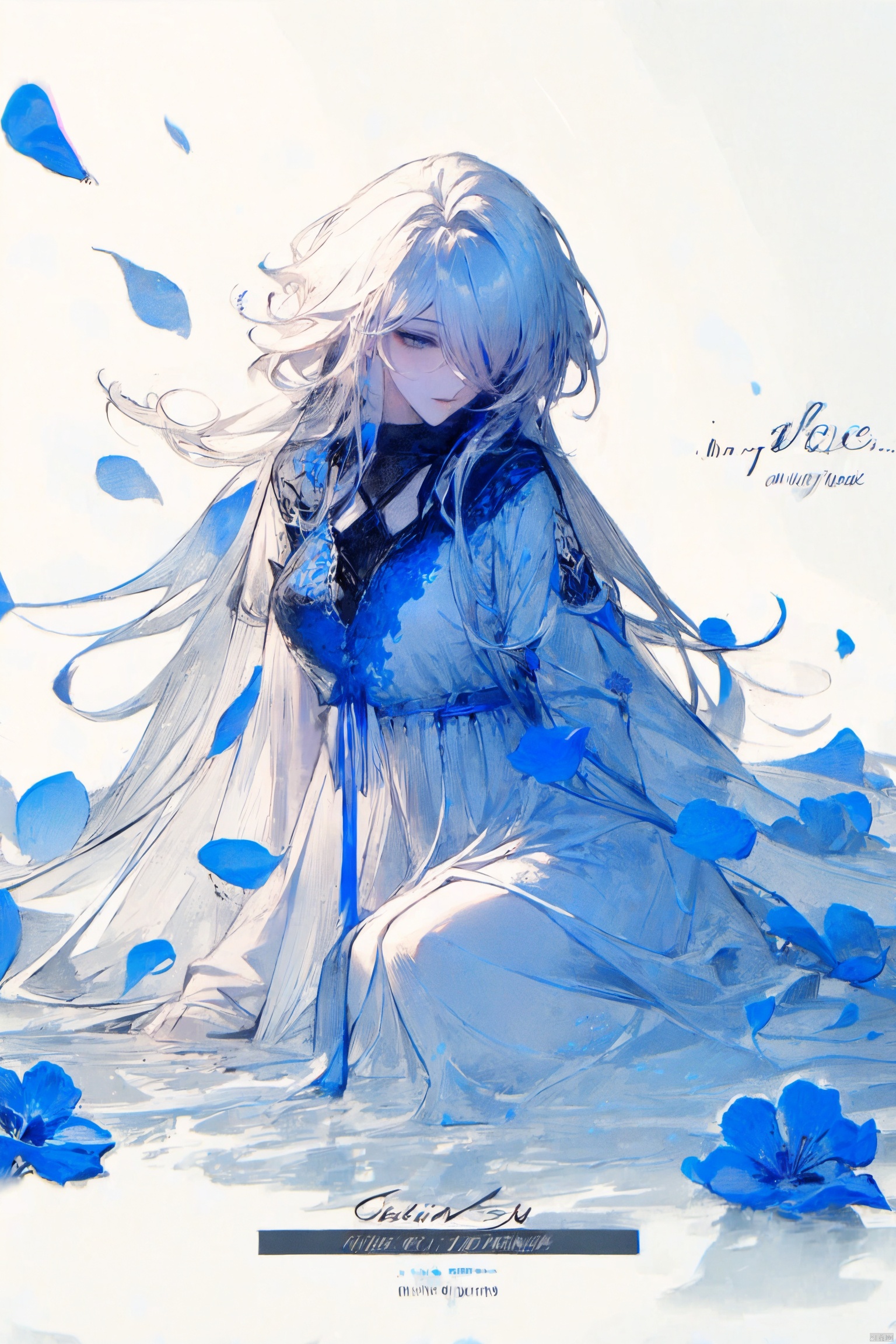  1girl, blue eyes, white long translucent night gown, expressionless, (white hair), hair cover one eye, long hair, blue hair flower, kneeling on lake, blood, (plenty of blue petals:1.35), (white background:1.5), (English text), greyscale, monochrome,greyscale,monochrome,sketch, liuying, meiren-red lips, Diagram