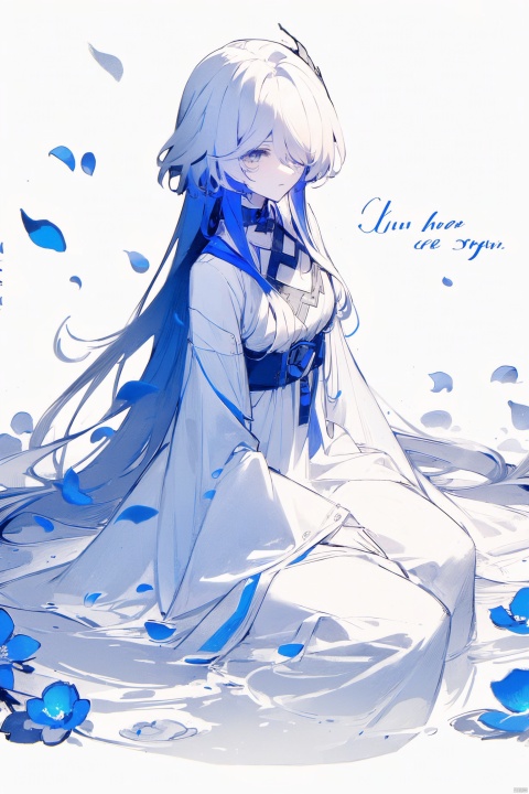  1girl, blue eyes, white long translucent night gown, expressionless, (white hair), hair cover one eye, long hair, blue hair flower, kneeling on lake, blood, (plenty of blue petals:1.35), (white background:1.5), (English text), greyscale, monochrome,greyscale,monochrome,sketch, liuying