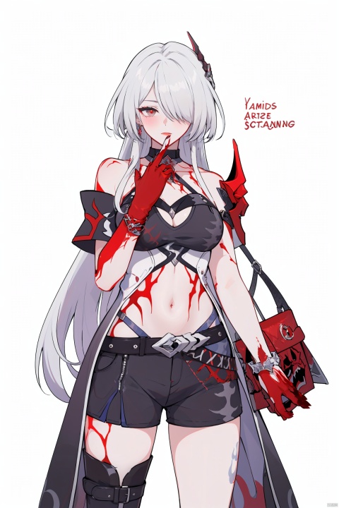  masterpiece, best quality,1girl, alternate costume, solo, bag, looking at viewer, blush, plaid, charm (object), bag charm, bangs, contemporary, sidelocks, jewelry, character name, female woman, white background, 
\\\\\\\\\\\,
(whuangquan:1.2),white hair,asymmetrical clothes,(bloody hand,red hand:1.35) eyes,long hair,hair over one eye,shorts,
