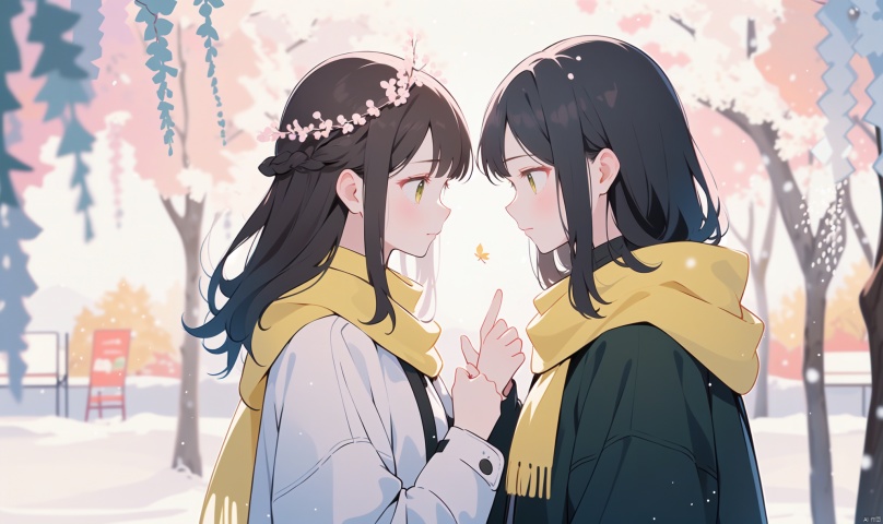 1girl, long hair, bangs, brown hair, black hair, long sleeves, 1boy, closed mouth, upper body, hetero, hand up, scarf, looking at another, coat, profile, leaf, expressionless, wind, light particles, eye contact, height difference, branch, white scarf, autumn leaves, yellow theme, clothes grab, A couple look at each other affectionately, Aesthetic, The seasons change, Winter, Autumn, Spring, Summer, Snow theme, Purple theme, Green theme, It snows, Willow tree, Peach blossom, from side, yinwen,no humans