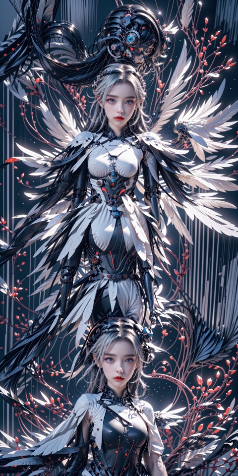  robot girl, 1girl, solo, wings,mecha musume, mechanical wings, white hair, full body, looking at viewer, heterochromia, science fiction,breasts, blue eyes, robot joints, bodysuit, joints, feathered wings, medium breasts, closed mouth, white background, standing, android,,,<lora:660447313082219790:1.0>
