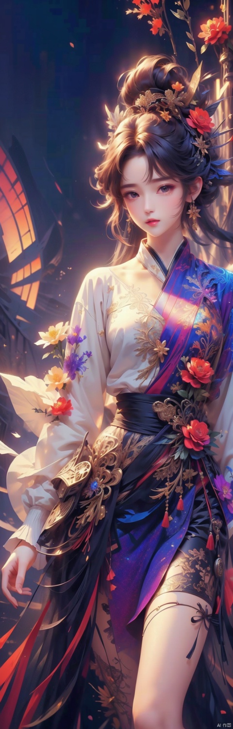  anime,(masterpiece, top quality, best quality, official art, beautiful and aesthetic:1.2),(1girl),upper body,extreme detailed,(fractal art:1.3),colorful,flowers,highest detailed,1 girl,glowing,skirt,shirt, Thighs, ((poakl))
