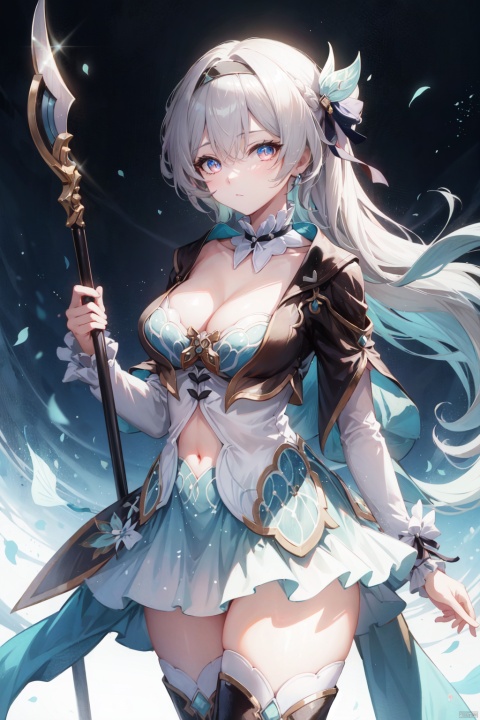 breasts, 1girl, long hair, black dress, very long hair, dress, large breasts, morgan le fay \(fate\), bangs, ponytail, hair bow, blue eyes, bow, french braid, long sleeves, looking at viewer, white dress, grey hair, pelvic curtain, sidelocks, braid, boots, thighs, solo, wide sleeves, center opening, two-tone dress, black bow, thigh boots, black footwear, spear, weapon, cleavage, polearm, tiara, thighhighs, navel, spikes, tattoo,