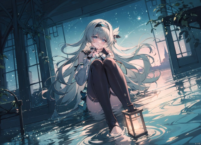  masterpiece, best quality,1girl, alternate costume, 
\\\\\\\\\
 1girl, solo,  flower, lantern, water, ripples, bangs, white_flower, looking_at_viewer, full_body, copyright_name, reflection, lying,
\\\\\\\\\\\,
liuying,def clothe,1girl,black thighhighs,blue eyes,hairband,long hair,black hairband,fingerlessgloves,skirt,
, haoche