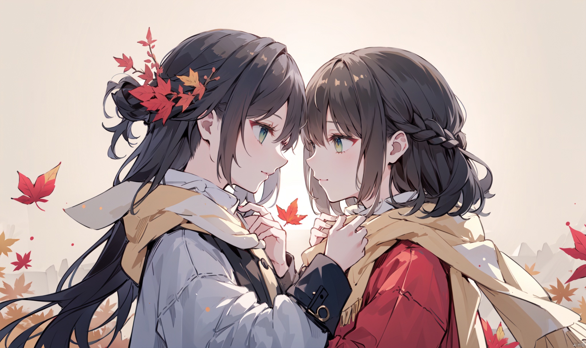 1girl, long hair, bangs, brown hair, black hair, long sleeves, 1boy, closed mouth, upper body, hetero, hand up, scarf, looking at another, coat, profile, leaf, expressionless, wind, light particles, eye contact, height difference, branch, white scarf, autumn leaves, yellow theme, clothes grab, A couple look at each other affectionately, Aesthetic, The seasons change, from side