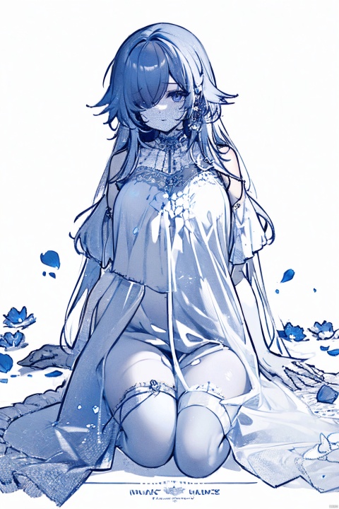  1girl, blue eyes, white long translucent night gown, expressionless, (white hair), hair cover one eye, long hair, blue hair flower, kneeling on lake, blood, (plenty of blue petals:1.35), (white background:1.5), (English text), greyscale, monochrome,greyscale,monochrome,sketch, liuying, backlight,a girl named heitiane, tattoo on stomach, haoche