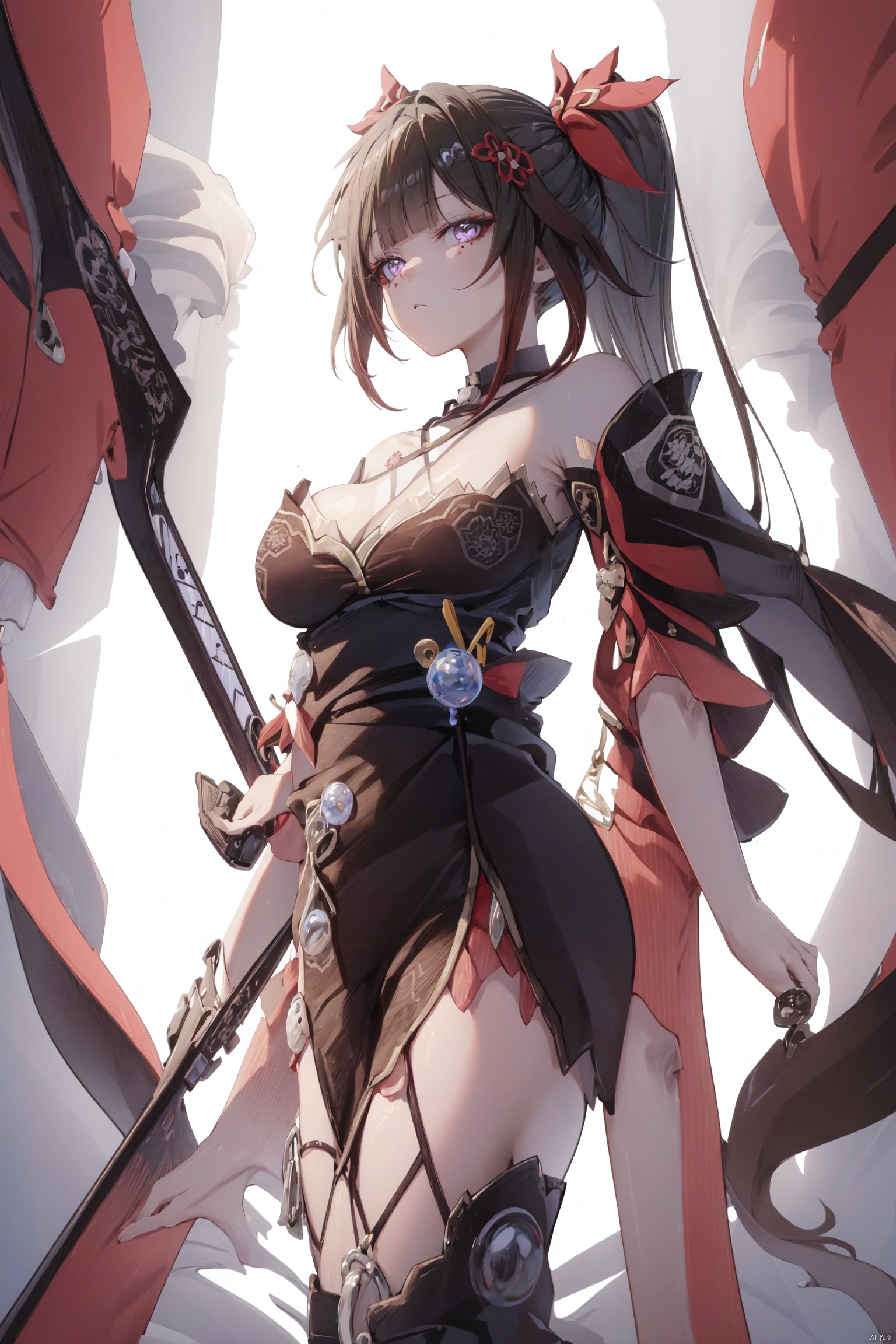 breasts, 1girl, long hair, black dress, very long hair, dress, large breasts, morgan le fay \(fate\), bangs, ponytail, hair bow, blue eyes, bow, french braid, long sleeves, looking at viewer, white dress, grey hair, pelvic curtain, sidelocks, braid, boots, thighs, solo, wide sleeves, center opening, two-tone dress, black bow, thigh boots, black footwear, spear, weapon, cleavage, polearm, tiara, thighhighs, navel, spikes, tattoo,流萤, LiuYing,liuying, firefly \(honkai: star rail\), katana,yinwen,no humans