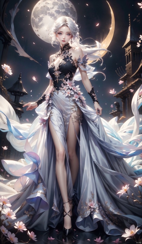  tutututu, high heels, full body, masterpiece, best quality, 1girl, (colorful),(delicate eyes and face), volumatic light, ray tracing, bust shot ,extremely detailed CG unity 8k wallpaper,solo,smile,intricate skirt,((flying petal)),(Flowery meadow) sky, cloudy_sky, moonlight, moon, night, (dark theme:1.3), light, fantasy, windy, magic sparks, dark castle,white hair,