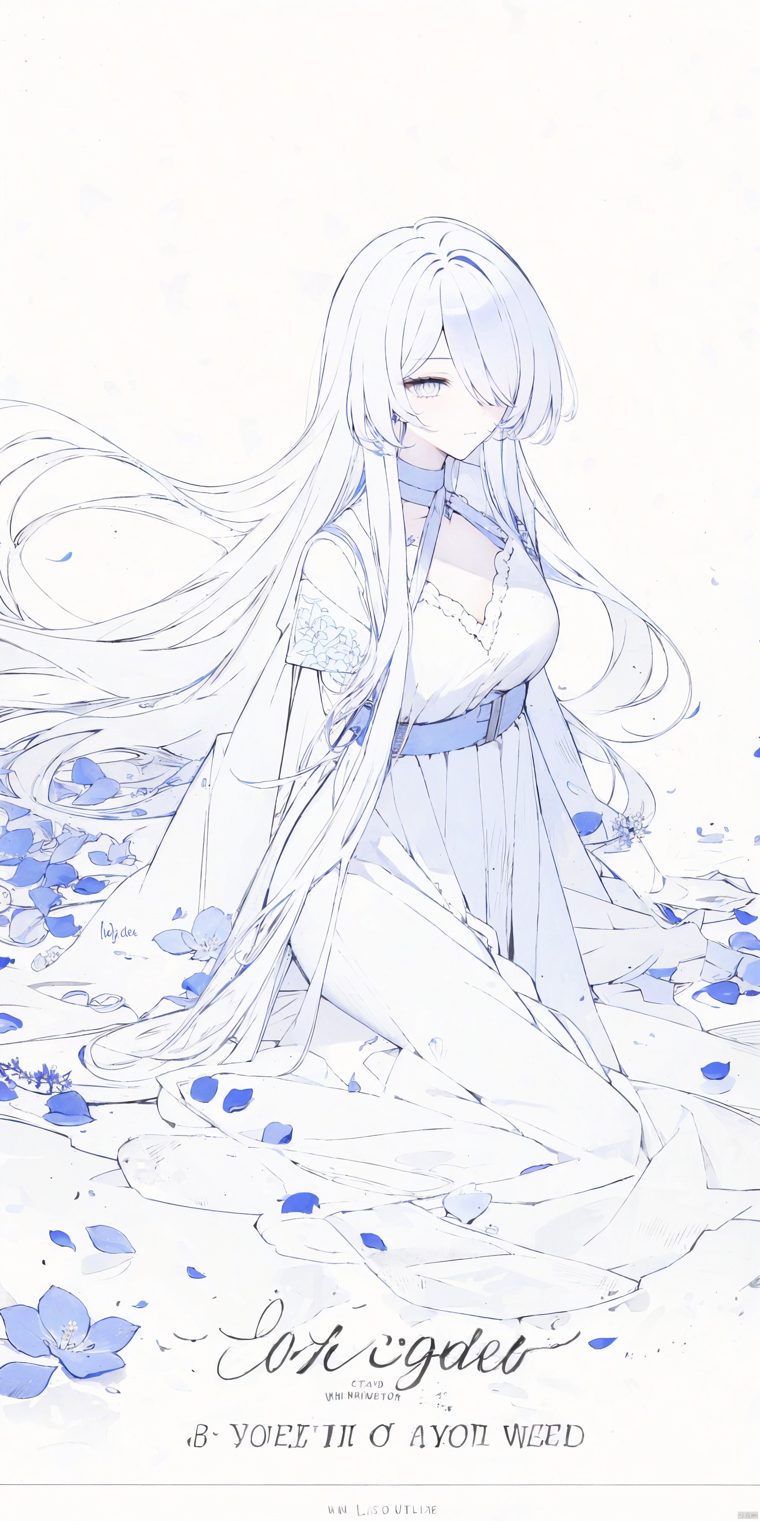  1girl, blue eyes, white long translucent night gown, expressionless, (white hair), hair cover one eye, long hair, blue hair flower, kneeling on lake, blood, (plenty of blue petals:1.35), (white background:1.5), (English text), greyscale, monochrome,greyscale,monochrome,sketch, liuying