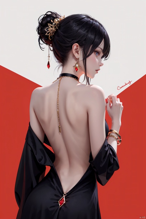  nai3, 1girl, solo, dress, red background, jewelry, blue eyes, ponytail, black hair, earrings, red nails, black dress, long hair, simple background, from behind, looking at viewer, looking back, bare shoulders, nail polish, bangs, backless outfit, choker, backless dress, profile, back, necklace, cowboy shot, gem, bracelet, hair ornament