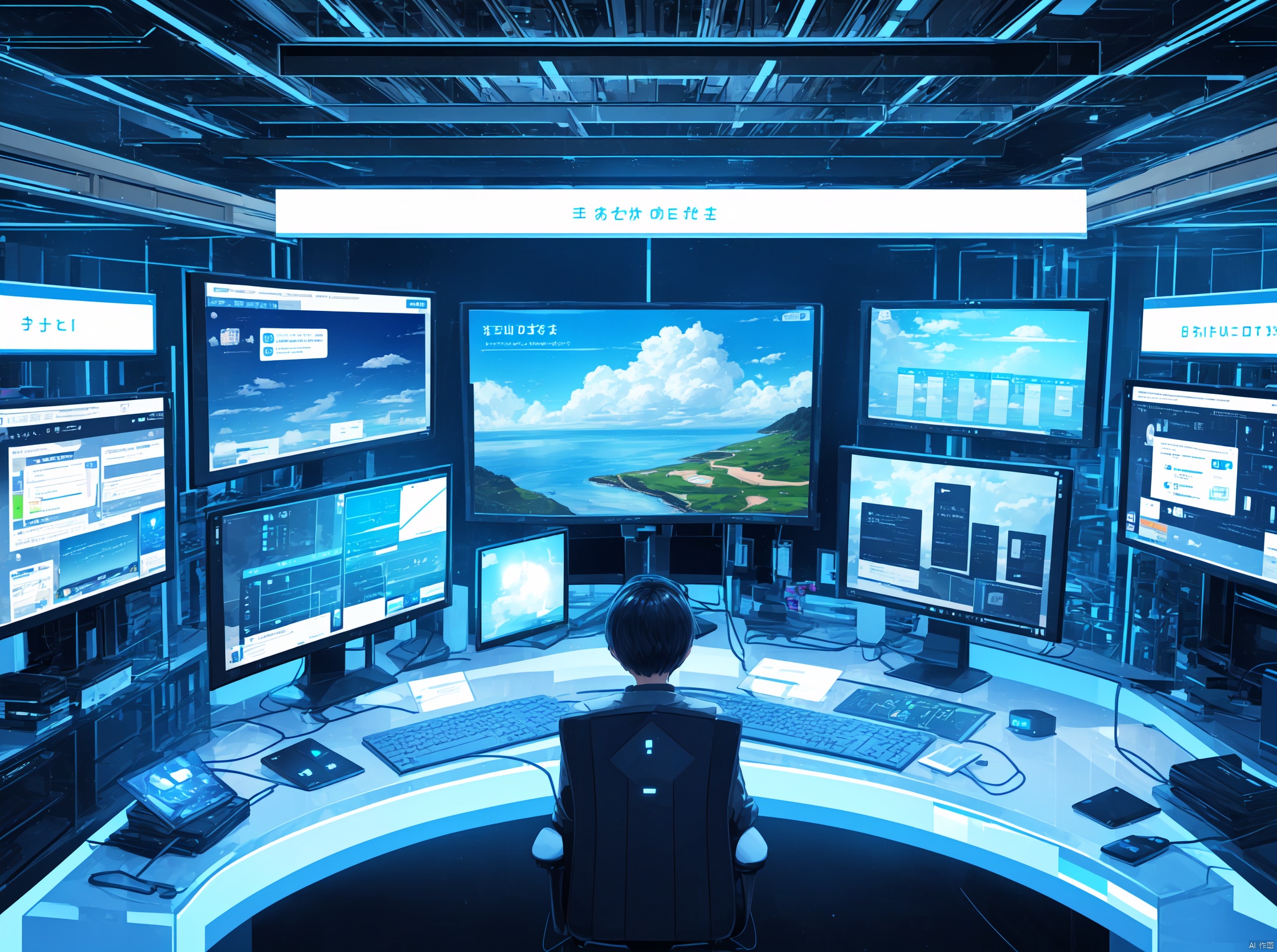 Work in front of the computer, Cloud customer service, Keep the text in mind for risk control security, Text Protection: Customers protect themselves, Transparent smartphone,Work on a computer desktop, Cloud customer service, Keep the text in mind for risk control security, Text Protection: Customers protect themselves, holographic interface, fantasy, Transparent smartphone