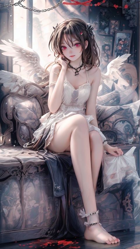  1girl, solo, wings, blood, long hair, sitting, chain, red eyes, blood on hands, feathered wings, barefoot, blood on face, blood from eyes, dress, long sleeves, cuffs, feathers, frills, looking at viewer, very long hair, white wings, bandages, shackles, bangs,,, 1 girl, Detail