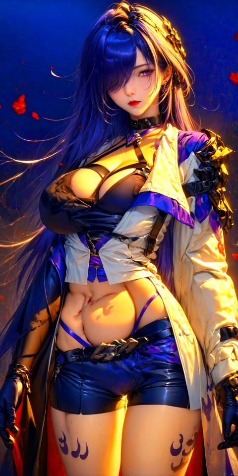  best quality, amazing quality, very aesthetic, 1girl, Ink scattering_Chinese style,yjmonochrome,Ink and wash style, solo, long hair, breasts, looking at viewer, bangs, large breasts, shirt, hair ornament, gloves, long sleeves, navel, holding, cleavage, closed mouth, standing, purple eyes, jacket, purple hair, thighs, cowboy shot, open clothes, shorts, black gloves, midriff, belt, wide sleeves, stomach, hair over one eye, coat, crop top, short shorts, highleg, black shorts, white jacket, white coat,hquan, meiren-red lips, Diagram