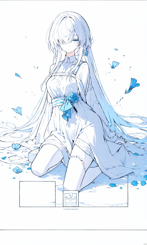  1girl, blue eyes, white long translucent night gown, expressionless, (white hair), hair cover one eye, long hair, blue hair flower, kneeling on lake, blood, (plenty of blue petals:1.35), (white background:1.5), (English text), greyscale, monochrome,greyscale,monochrome,sketch, liuying, magazine covers, official,a girl named heitiane, jingliu, blindfold, Kafka(character)