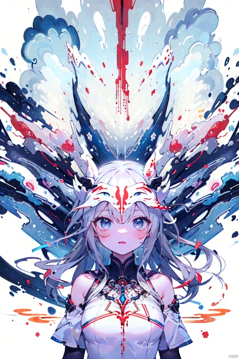  asterpiece, best quality, ultra high res, (extreme detailed), (1 beautiful girl), (abstract art:1.4), bleeding white, visually stunning, beautiful, evocative, emotional, ((white background)), white theme, goddess, cloud, mask, 1 girl