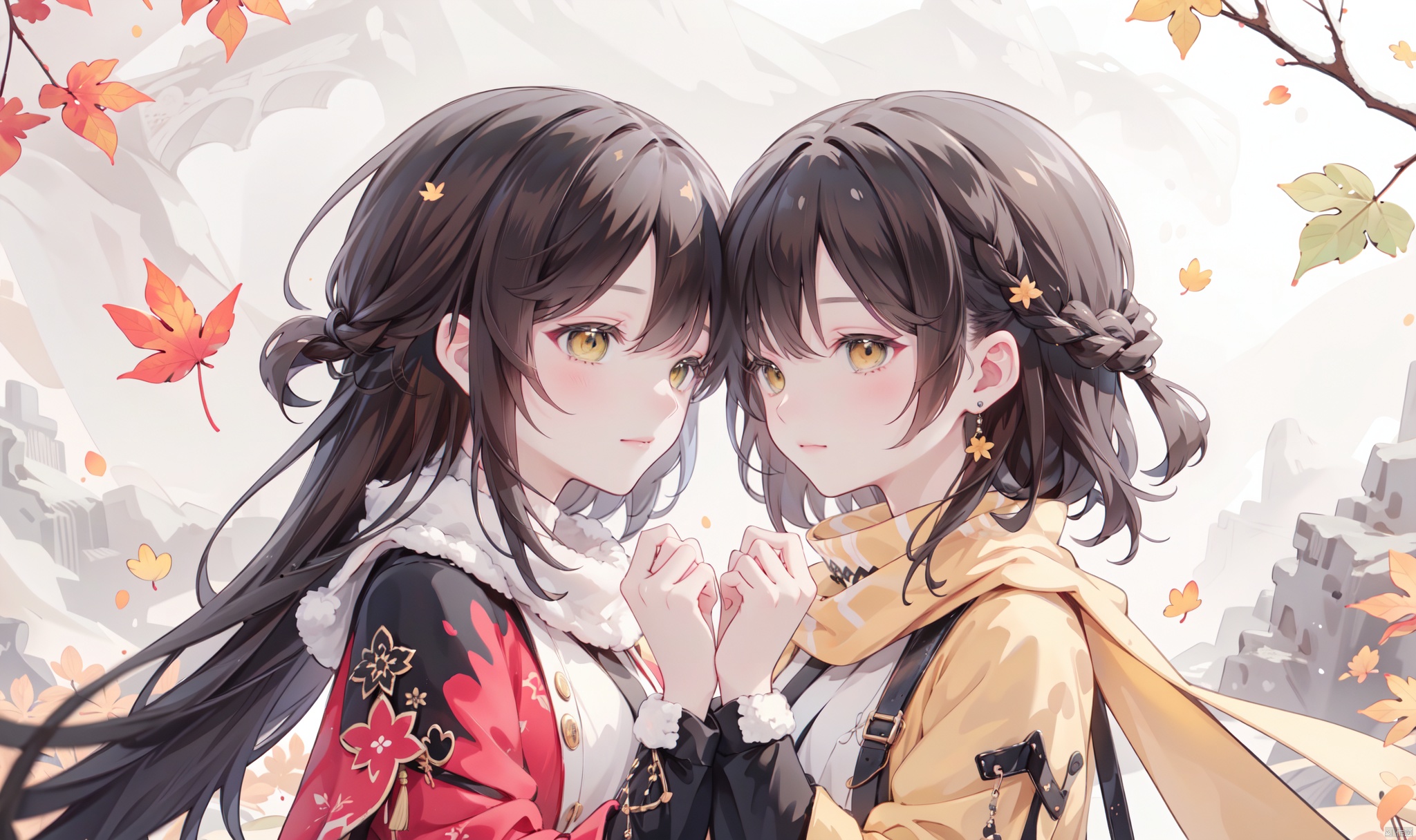 1girl, long hair, bangs, brown hair, black hair, long sleeves, 1boy, closed mouth, upper body, hetero, hand up, scarf, looking at another, coat, profile, leaf, expressionless, wind, light particles, eye contact, height difference, branch, white scarf, autumn leaves, yellow theme, clothes grab, A couple look at each other affectionately, Aesthetic, The seasons change, Winter, Autumn, Spring, Summer, from side