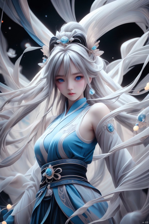  composed of elements of thunder,thunder,electricity,Create a spectral woman with a (translucent appearance:1.3),Her form is barely tangible,with a soft glow emanating from her gentle contours,The surroundings subtly distort through her ethereal presence,casting a dreamlike ambiance,(white hair:0.1),,((BLUE eyes)),((glowing)), Apricot eye, Chinese style