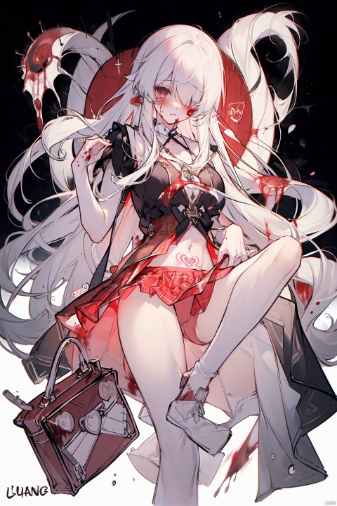  masterpiece, best quality,1girl, alternate costume, solo, bag, looking at viewer, blush, plaid, charm (object), bag charm, bangs, contemporary, sidelocks, jewelry, character name, female woman, white background, 
\\\\\\\\\\\,
(whuangquan:1.2),white hair,asymmetrical clothes,(bloody hand,red hand:1.35) eyes,long hair,hair over one eye,shorts,
, skirt_lift, tattoo on stomach, spread leg, liuying