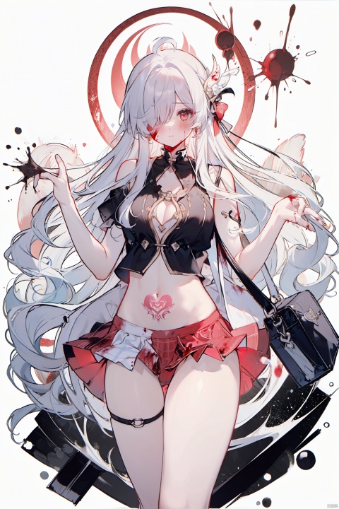  masterpiece, best quality,1girl, alternate costume, solo, bag, looking at viewer, blush, plaid, charm (object), bag charm, bangs, contemporary, sidelocks, jewelry, character name, female woman, white background, 
\\\\\\\\\\\,
(whuangquan:1.2),white hair,asymmetrical clothes,(bloody hand,red hand:1.35) eyes,long hair,hair over one eye,shorts,
, skirt_lift, tattoo on stomach, spread leg, liuying