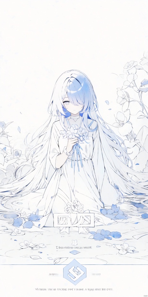  1girl, blue eyes, white long translucent night gown, expressionless, (white hair), hair cover one eye, long hair, blue hair flower, kneeling on lake, blood, (plenty of blue petals:1.35), (white background:1.5), (English text), greyscale, monochrome,greyscale,monochrome,sketch, liuying