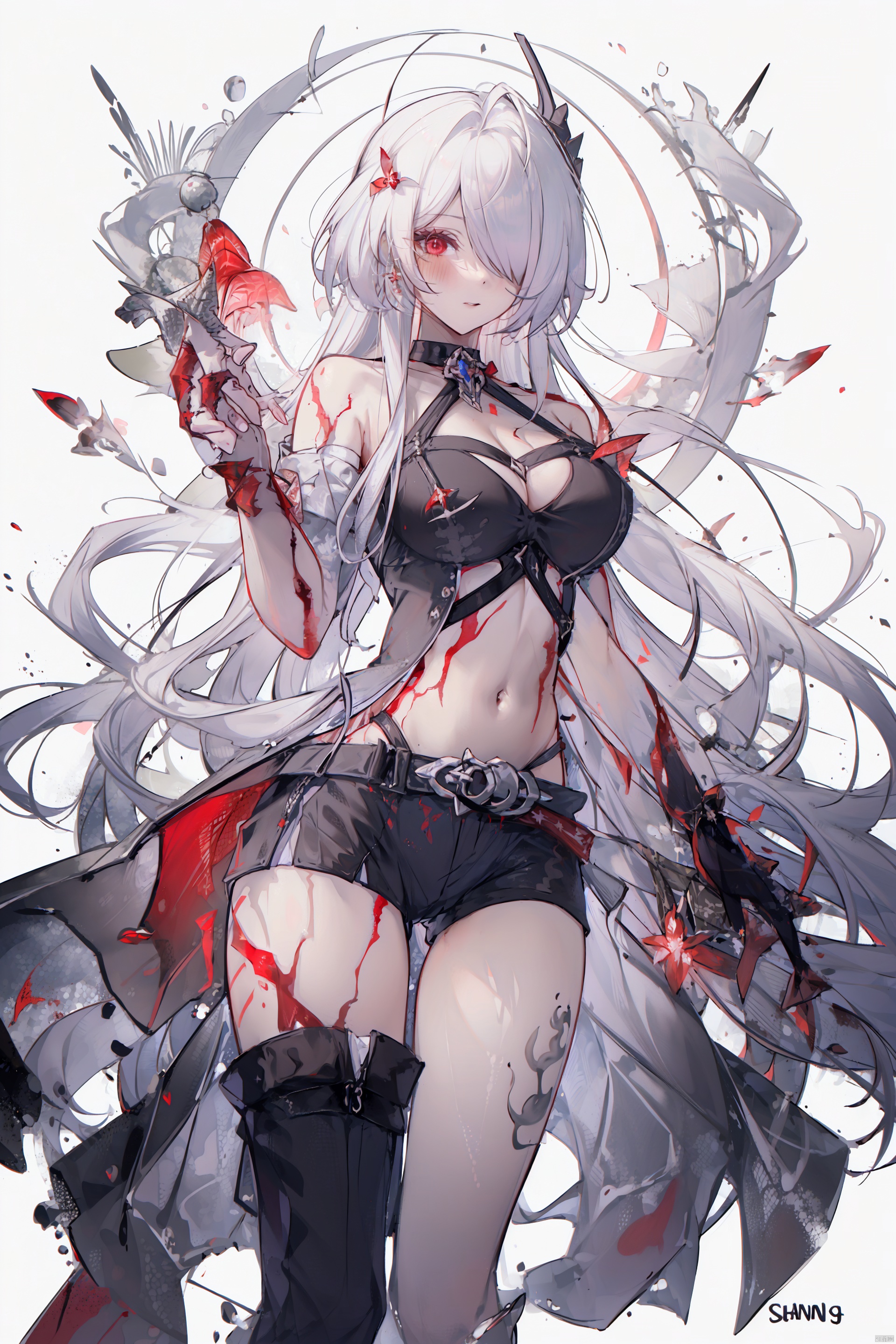  masterpiece, best quality,1girl, alternate costume, solo, bag, looking at viewer, blush, plaid, charm (object), bag charm, bangs, contemporary, sidelocks, jewelry, character name, female woman, white background, 
\\\\\\\\\\\,
(whuangquan:1.2),white hair,asymmetrical clothes,(bloody hand,red hand:1.35) eyes,long hair,hair over one eye,shorts,
, tattoo on stomach, spread leg