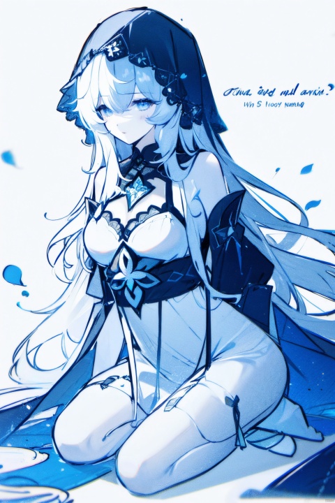  1girl, blue eyes, white long translucent night gown, expressionless, (white hair), hair cover one eye, long hair, blue hair flower, kneeling on lake, blood, (plenty of blue petals:1.35), (white background:1.5), (English text), greyscale, monochrome,greyscale,monochrome,sketch, liuying, backlight,a girl named heitiane, tattoo on stomach