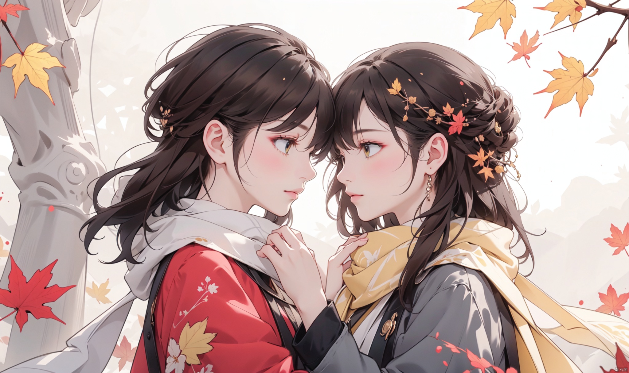 1girl, long hair, bangs, brown hair, black hair, long sleeves, 1boy, closed mouth, upper body, hetero, hand up, scarf, looking at another, coat, profile, leaf, expressionless, wind, light particles, eye contact, height difference, branch, white scarf, autumn leaves, yellow theme, clothes grab, A couple look at each other affectionately, Aesthetic, The seasons change, Winter, Autumn, Spring, Summer, from side