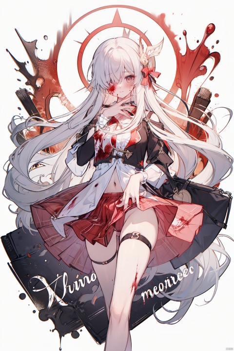  masterpiece, best quality,1girl, alternate costume, solo, bag, looking at viewer, blush, plaid, charm (object), bag charm, bangs, contemporary, sidelocks, jewelry, character name, female woman, white background, 
\\\\\\\\\\\,
(whuangquan:1.2),white hair,asymmetrical clothes,(bloody hand,red hand:1.35) eyes,long hair,hair over one eye,shorts,
, skirt_lift, tattoo on stomach, spread leg, liuying