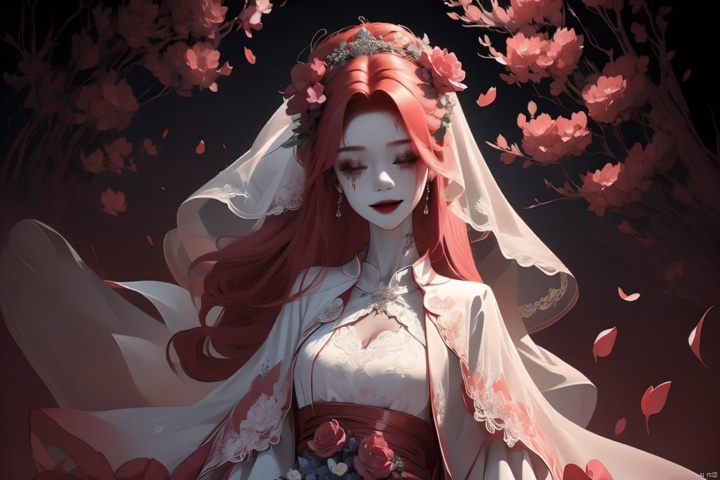 1girl, long hair, solo, veil, flower, closed eyes, dress, smile, wedding dress, hair ornament, petals, dated, ribbon, tears, bouquet, bridal veil, signature, hair flower, red hair, crying, white background, pink hair, upper body,Tombstone, Grave
,(masterpiece, top quality, best quality),horror (theme),
masterpiece,(masterpiece, top quality, best quality, ((no humans)), scenery, red theme, night, Ylvi-Tattoos, horror (theme),Tombstone, Grave, cute girl, ghostdom