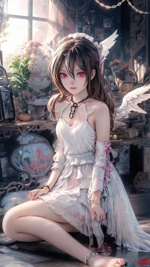  1girl, solo, wings, blood, long hair, sitting, chain, red eyes, blood on hands, feathered wings, barefoot, blood on face, blood from eyes, dress, long sleeves, cuffs, feathers, frills, looking at viewer, very long hair, white wings, bandages, shackles, bangs,,, 1 girl, Detail