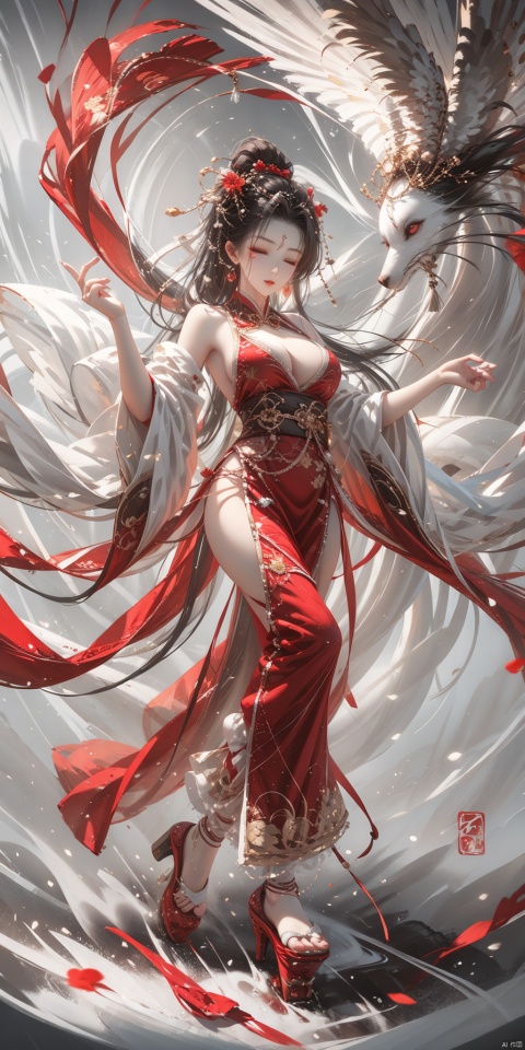  A girl with long black hair, Hanfu, medium breasts,.wunv, Breasts,Exquisite makeup, eyes closed, long flowing hair,full body,dancing, Ink scattering_Chinese style, xianjing hanfu crane, xianjing crane hanfu cloud branch flower