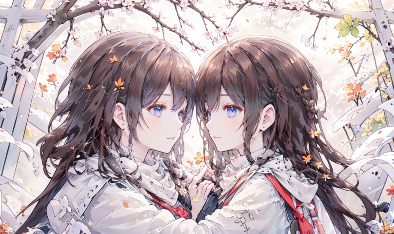 1girl, long hair, bangs, brown hair, black hair, long sleeves, 1boy, closed mouth, upper body, hetero, hand up, scarf, looking at another, coat, profile, leaf, expressionless, wind, light particles, eye contact, height difference, branch, white scarf, autumn leaves, yellow theme, clothes grab, A couple look at each other affectionately, Aesthetic, The seasons change, Winter, Autumn, Spring, Summer, Snow theme, Purple theme, Green theme, from side