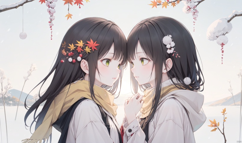 1girl, long hair, bangs, brown hair, black hair, long sleeves, 1boy, closed mouth, upper body, hetero, hand up, scarf, looking at another, coat, profile, leaf, expressionless, wind, light particles, eye contact, height difference, branch, white scarf, autumn leaves, yellow theme, clothes grab, A couple look at each other affectionately, Aesthetic, The seasons change, Winter, Autumn, Spring, Summer, Snow theme, Purple theme, Green theme, It snows, Willow tree, Peach blossom, from side, yinwen,no humans