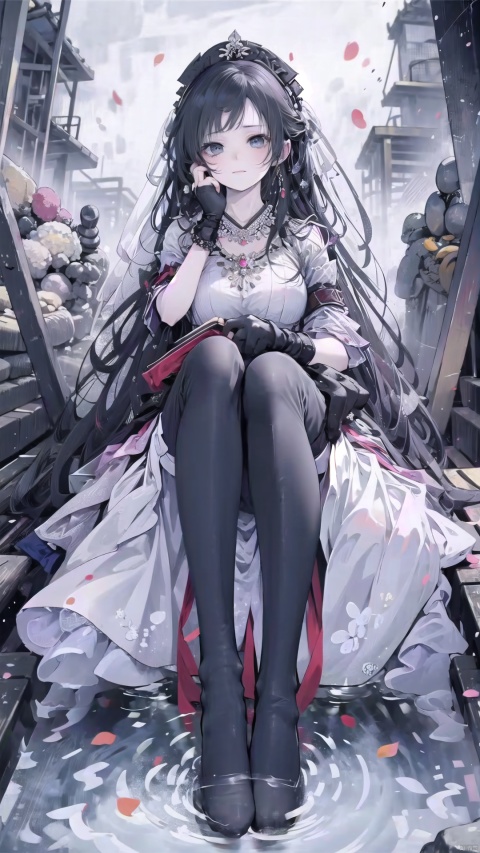  zukong,foot focus,foot up, (beautiful, best quality, high quality, masterpiece:1.3) ,
(full_body:1.2),solo, solo focus,hidden hands,
(nsfw:0.5),huge breasts,Oval face, Water snake waist,big eye,Big wave hairstyle,
Black lolita gothic, Black bridal veil,Black bridal gauntlets,(fingerless gloves),bouquet, Crystal earrings, Crystal necklace, Black wedding headdress,
(no background),18yo girl, liuyifei, zukong, Apricot eye