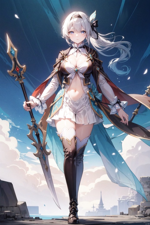 breasts, 1girl, long hair, black dress, very long hair, dress, large breasts, morgan le fay \(fate\), bangs, ponytail, hair bow, blue eyes, bow, french braid, long sleeves, looking at viewer, white dress, grey hair, pelvic curtain, sidelocks, braid, boots, thighs, solo, wide sleeves, center opening, two-tone dress, black bow, thigh boots, black footwear, spear, weapon, cleavage, polearm, tiara, thighhighs, navel, spikes, tattoo,流萤, LiuYing,liuying