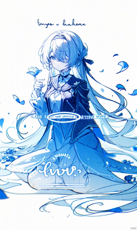  1girl, blue eyes, white long translucent night gown, expressionless, (white hair), hair cover one eye, long hair, blue hair flower, kneeling on lake, blood, (plenty of blue petals:1.35), (white background:1.5), (English text), greyscale, monochrome,greyscale,monochrome,sketch, liuying, magazine covers, official,a girl named heitiane, jingliu, blindfold, Kafka(character), black jacket