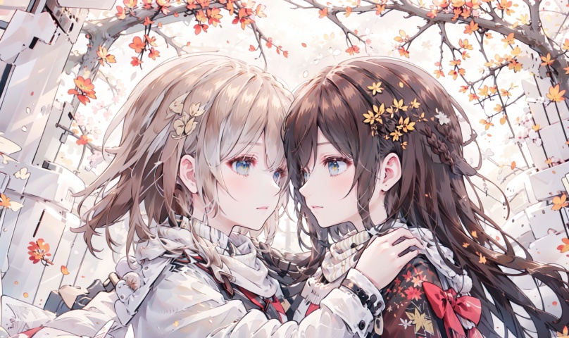 1girl, long hair, bangs, brown hair, black hair, long sleeves, 1boy, closed mouth, upper body, hetero, hand up, scarf, looking at another, coat, profile, leaf, expressionless, wind, light particles, eye contact, height difference, branch, white scarf, autumn leaves, yellow theme, clothes grab, A couple look at each other affectionately, Aesthetic, The seasons change, Winter, Autumn, Spring, Summer, from side